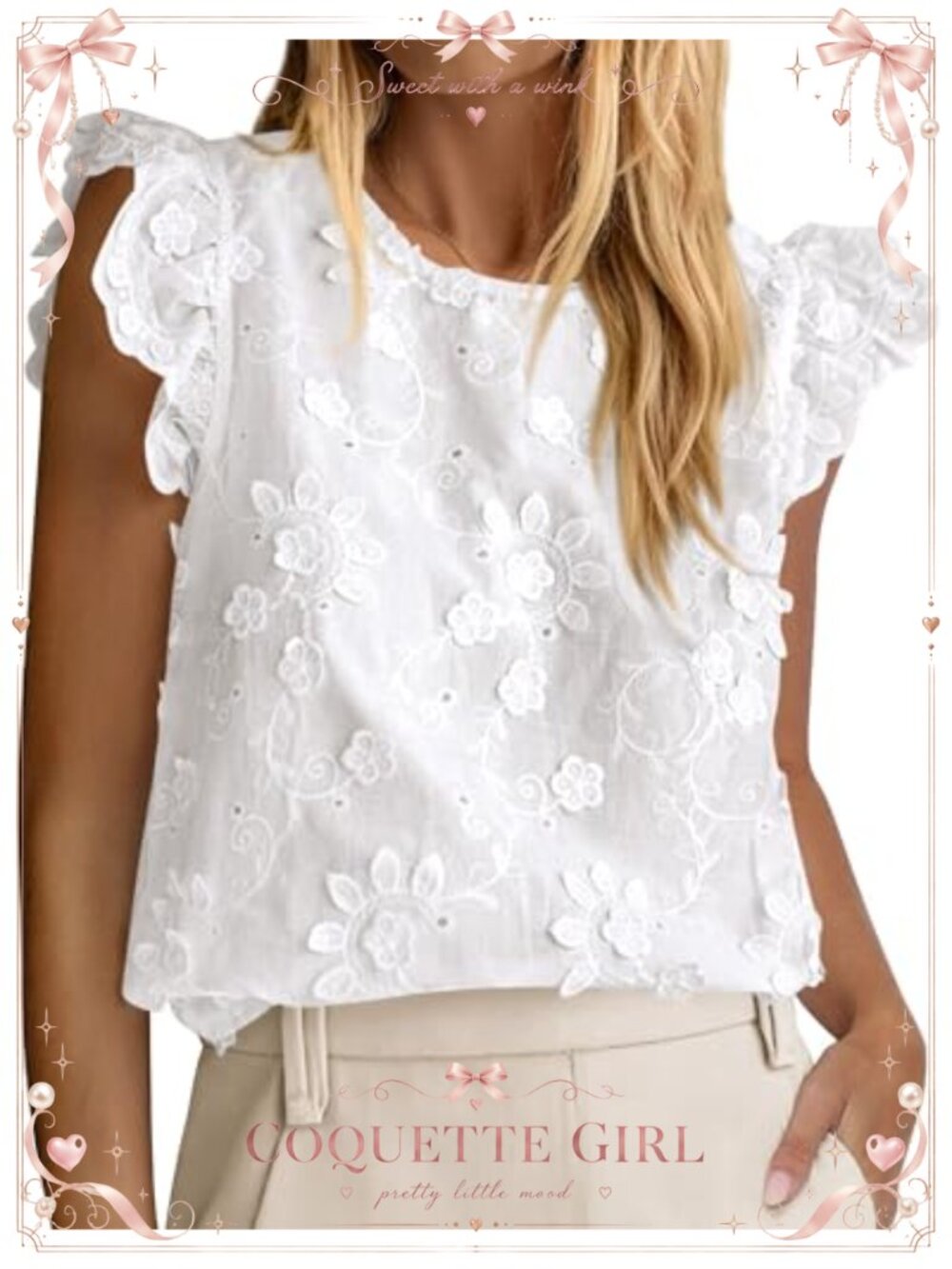Womens Lace Embroidered Boho Blouse Ruffle Cap Sleeve Babydoll Top